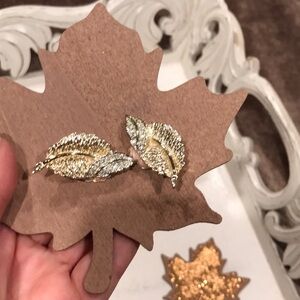Vintage Clip On Rhinestone Silver / Gold Leaf Earrings